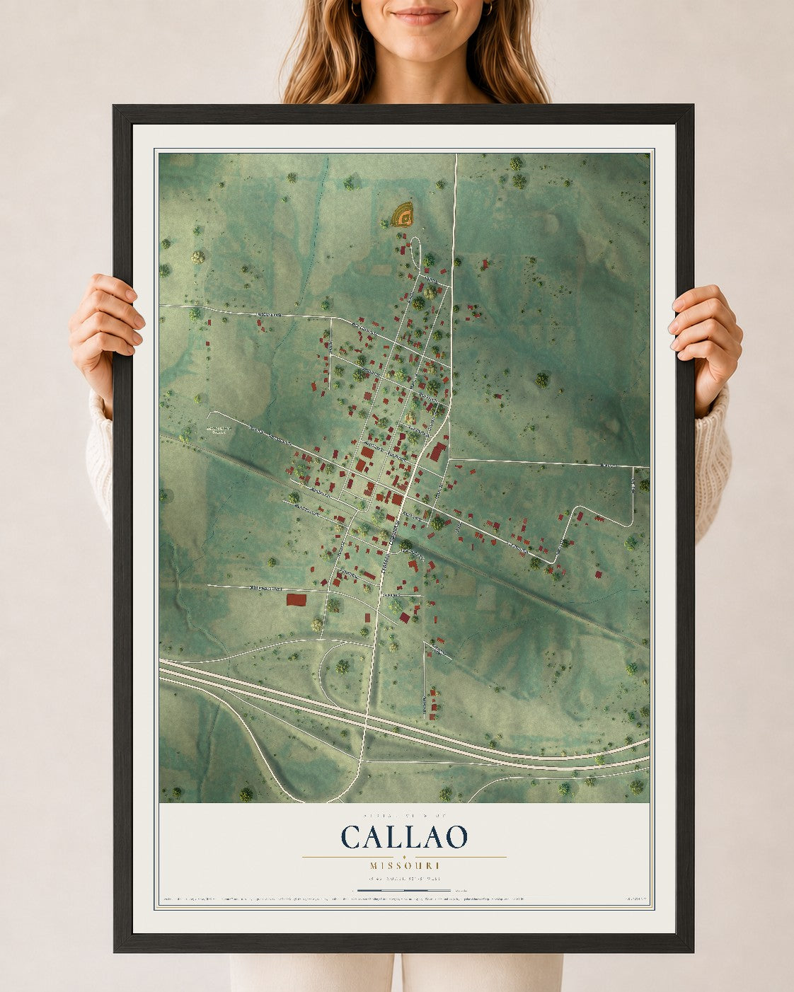 Map of Callao, Missouri, 24 x 36 inch print in a black wood frame