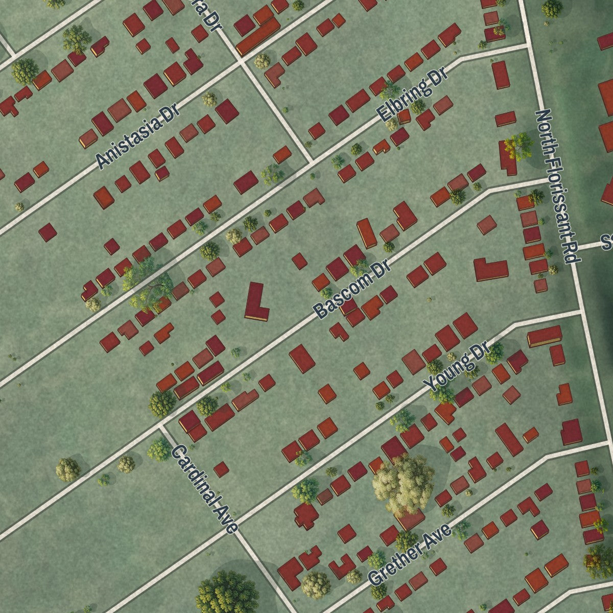 Close-up of the map of Calverton Park, Missouri print showing street and building detail