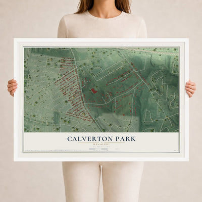 Map of Calverton Park, Missouri, 24 x 36 inch print in a white wood frame