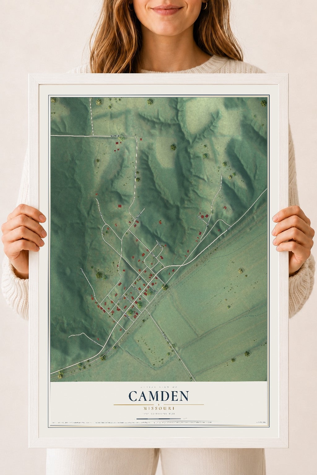 Map of Camden, Missouri, 18 x 24 inch print in a white wood frame