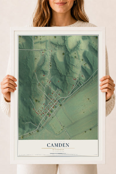 Map of Camden, Missouri, 18 x 24 inch print in a white wood frame