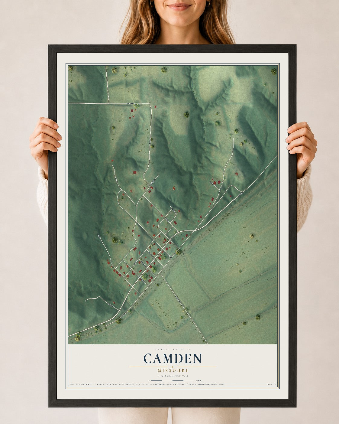 Map of Camden, Missouri, 24 x 36 inch print in a black wood frame