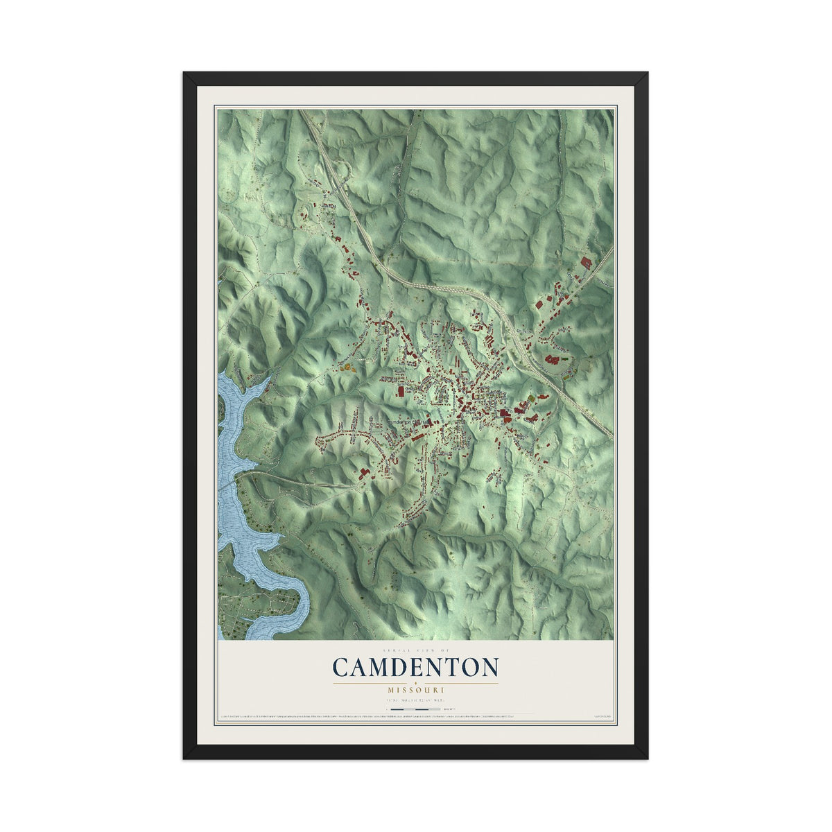 Map of Camdenton, Missouri, 12 x 18 inch print in a black wood frame