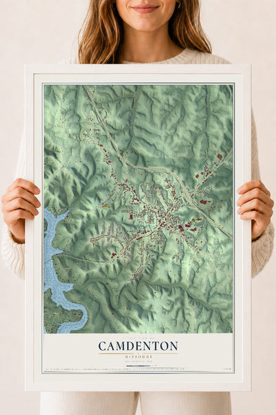 Map of Camdenton, Missouri, 18 x 24 inch print in a white wood frame