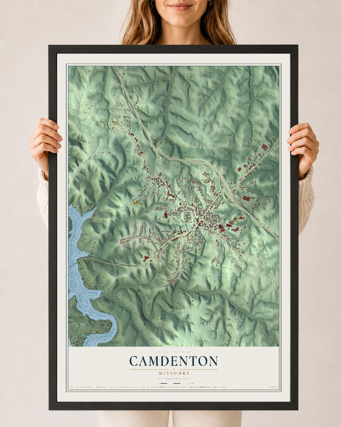 Map of Camdenton, Missouri, 24 x 36 inch print in a black wood frame