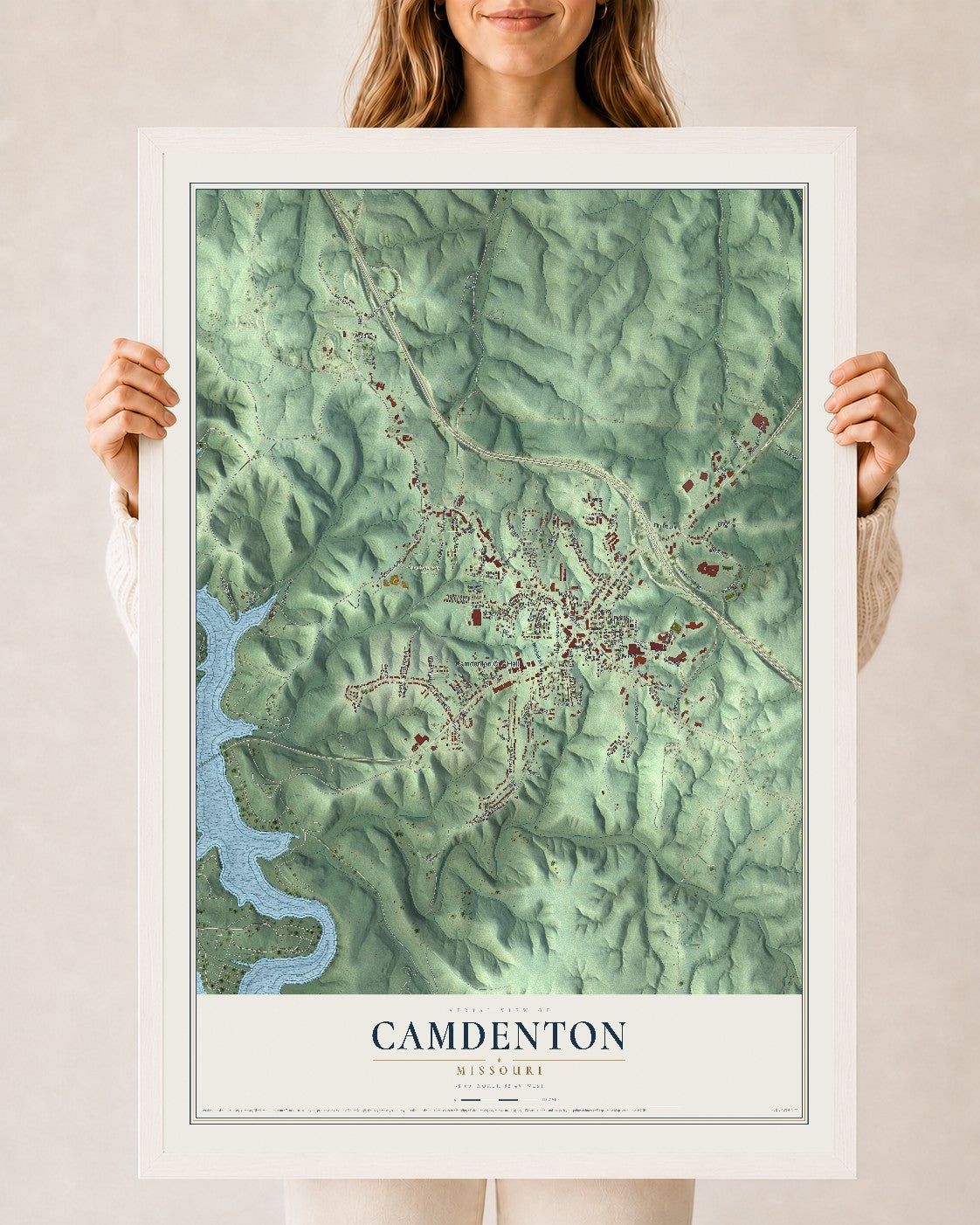 Map of Camdenton, Missouri, 24 x 36 inch print in a white wood frame