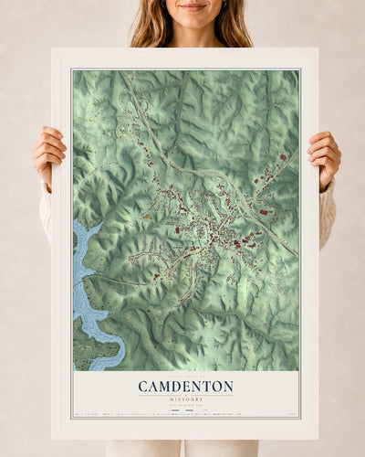 Map of Camdenton, Missouri, 24 x 36 inch print in a white wood frame