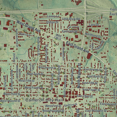 Close-up of the map of Cameron, Missouri print showing street and building detail