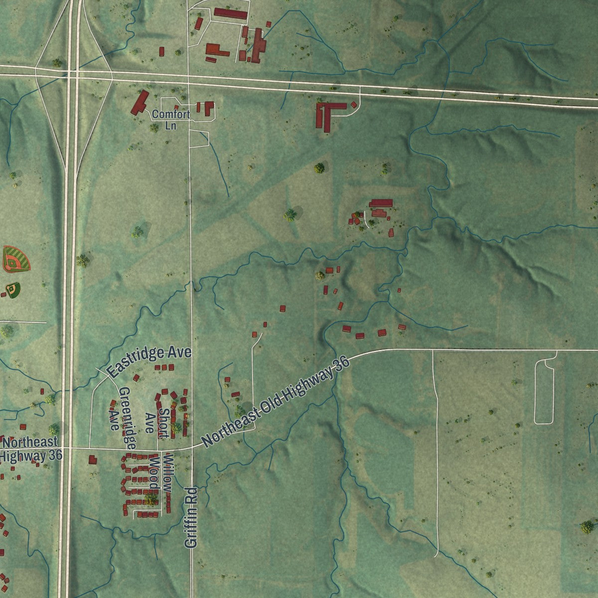 Second close-up of the map of Cameron, Missouri print showing more streets and buildings