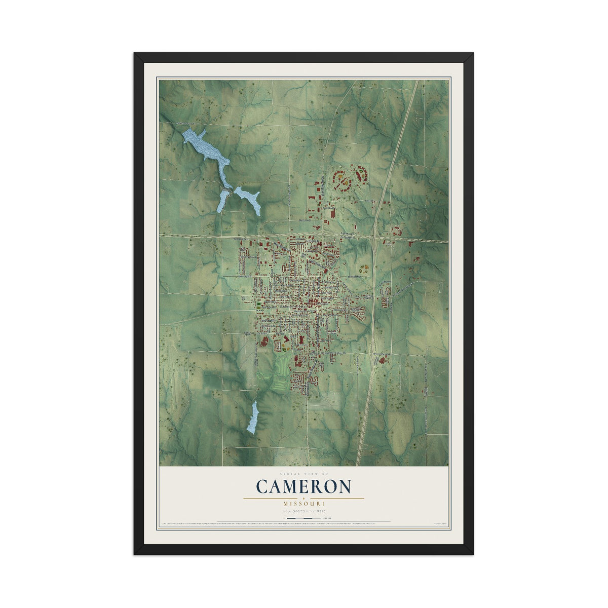 Map of Cameron, Missouri, 12 x 18 inch print in a black wood frame