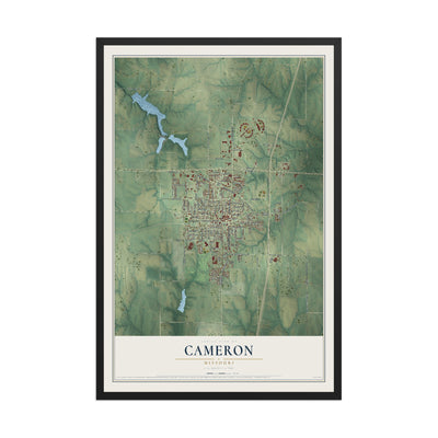 Map of Cameron, Missouri, 12 x 18 inch print in a black wood frame
