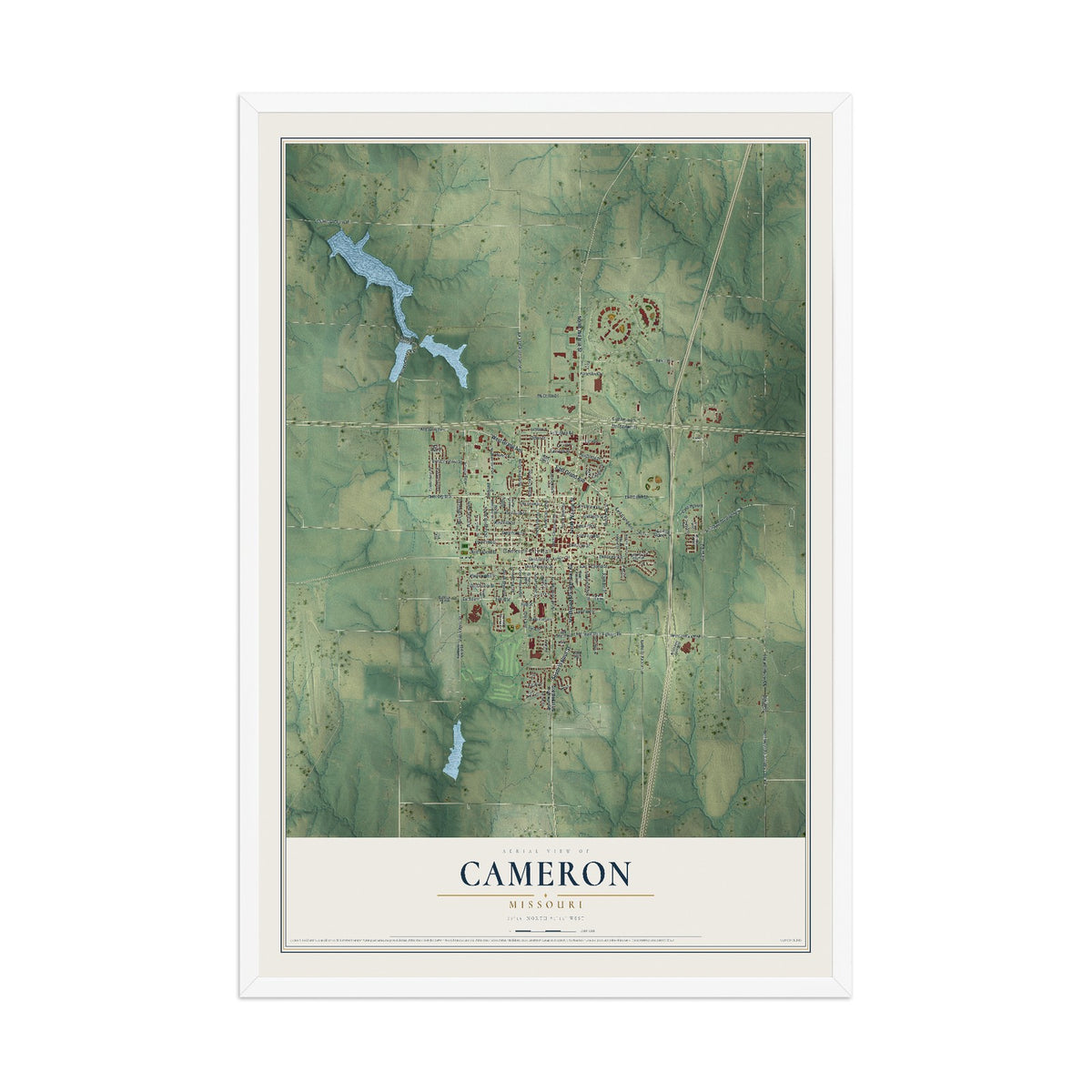 Map of Cameron, Missouri, 12 x 18 inch print in a white wood frame