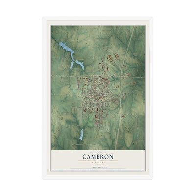 Map of Cameron, Missouri, 12 x 18 inch print in a white wood frame