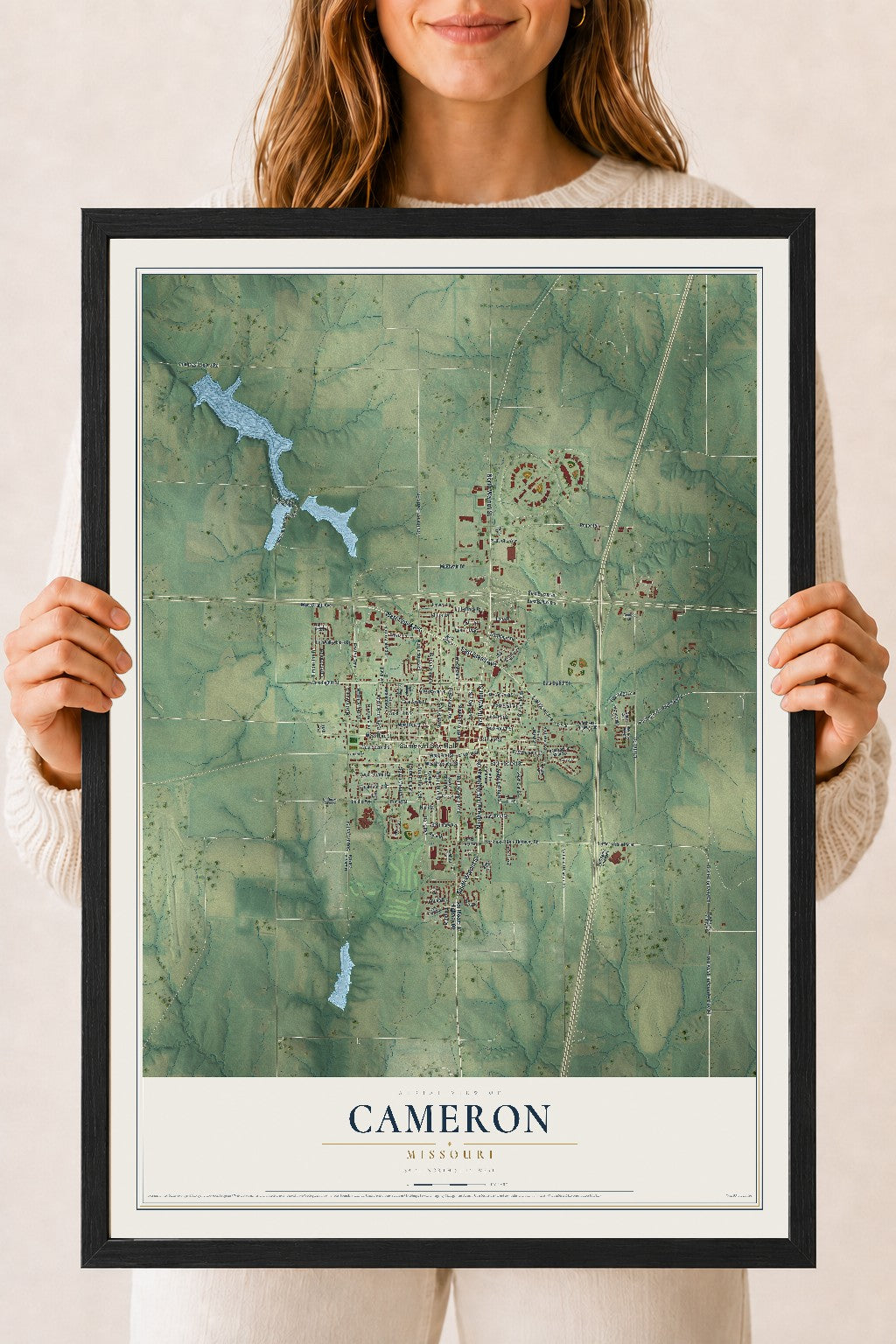 Map of Cameron, Missouri, 18 x 24 inch print in a black wood frame