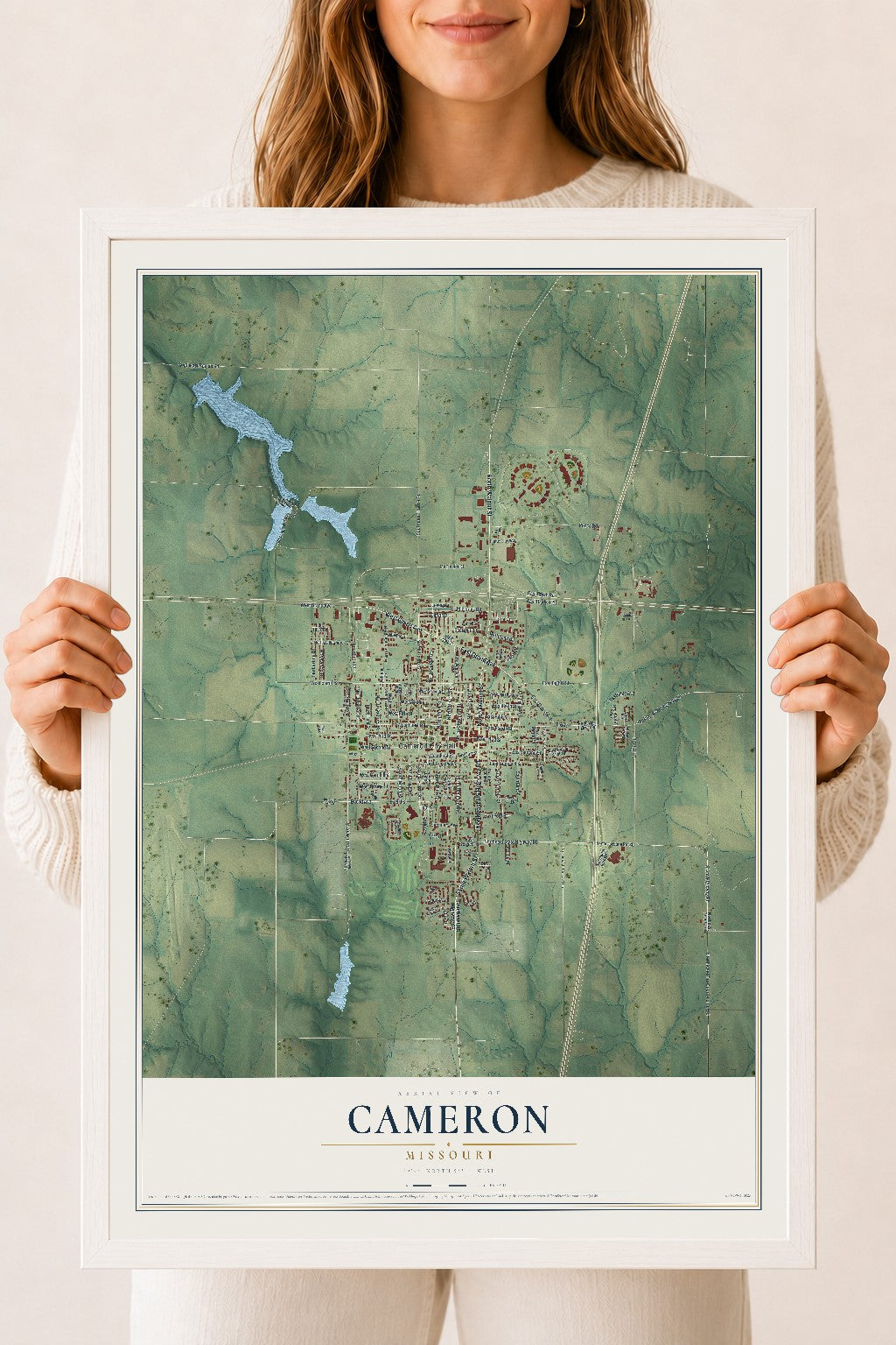 Map of Cameron, Missouri, 18 x 24 inch print in a white wood frame