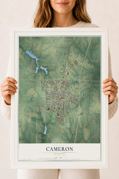 Map of Cameron, Missouri, 18 x 24 inch print in a white wood frame