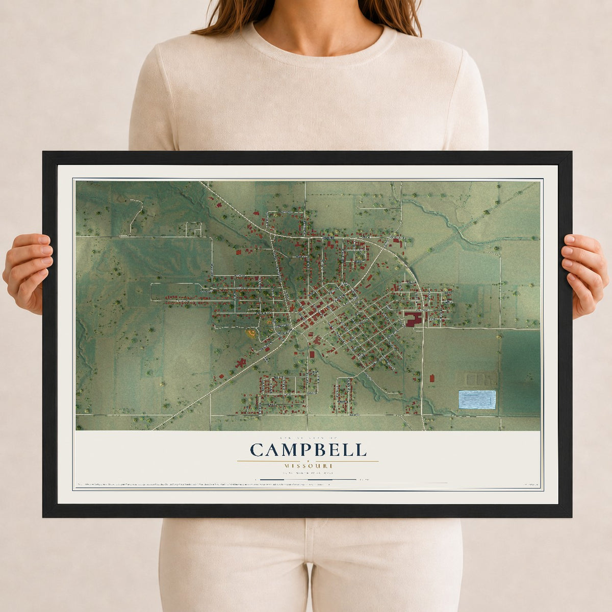 Map of Campbell, Missouri, 12 x 18 inch print in a black wood frame