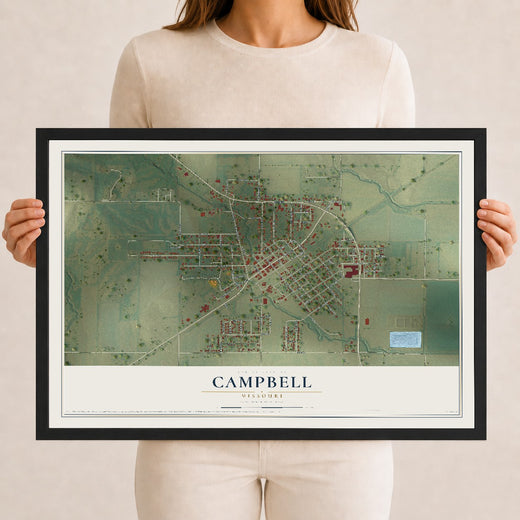Map of Campbell, Missouri, 12 x 18 inch print in a black wood frame