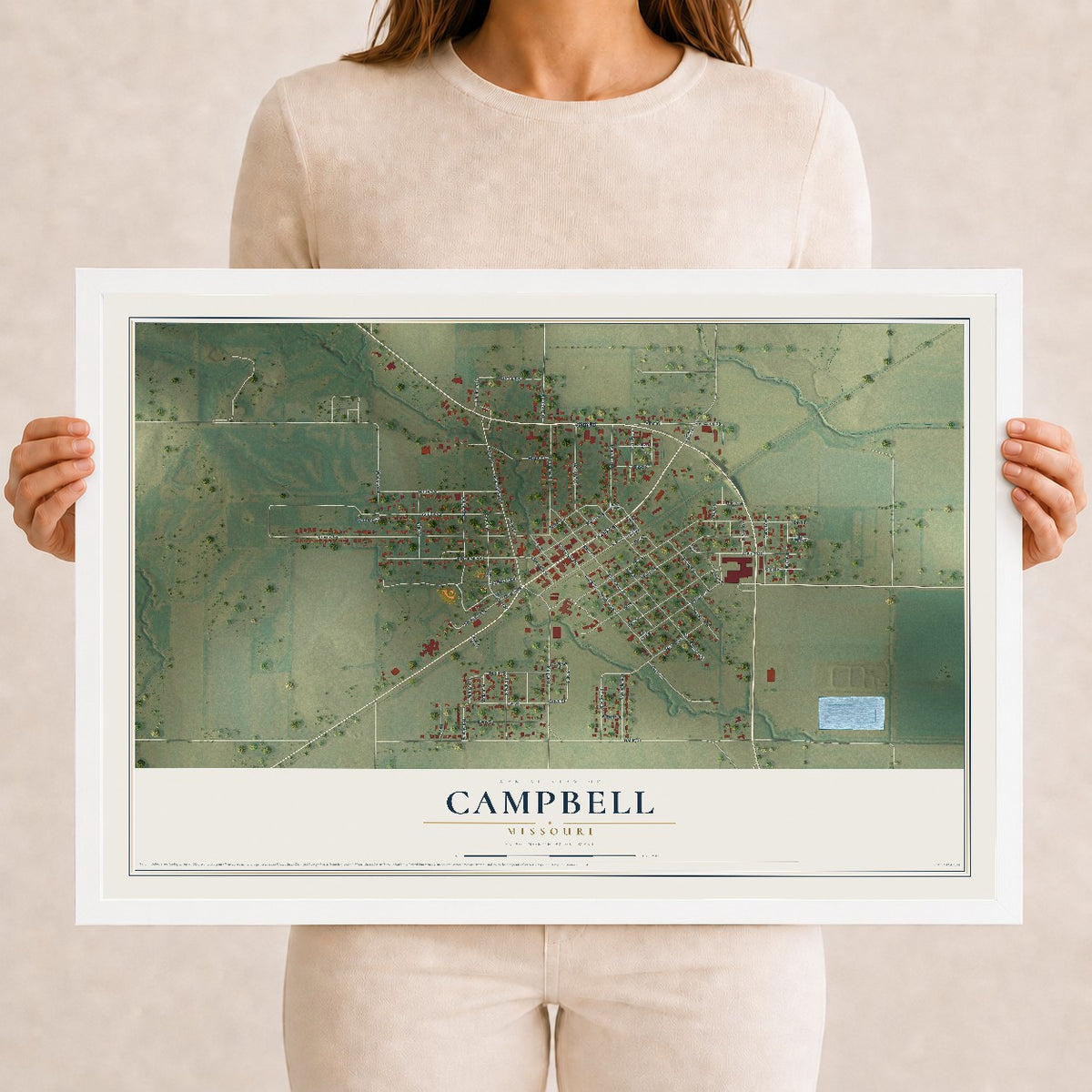 Map of Campbell, Missouri, 12 x 18 inch print in a white wood frame