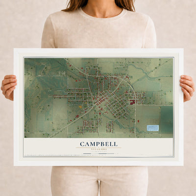 Map of Campbell, Missouri, 12 x 18 inch print in a white wood frame