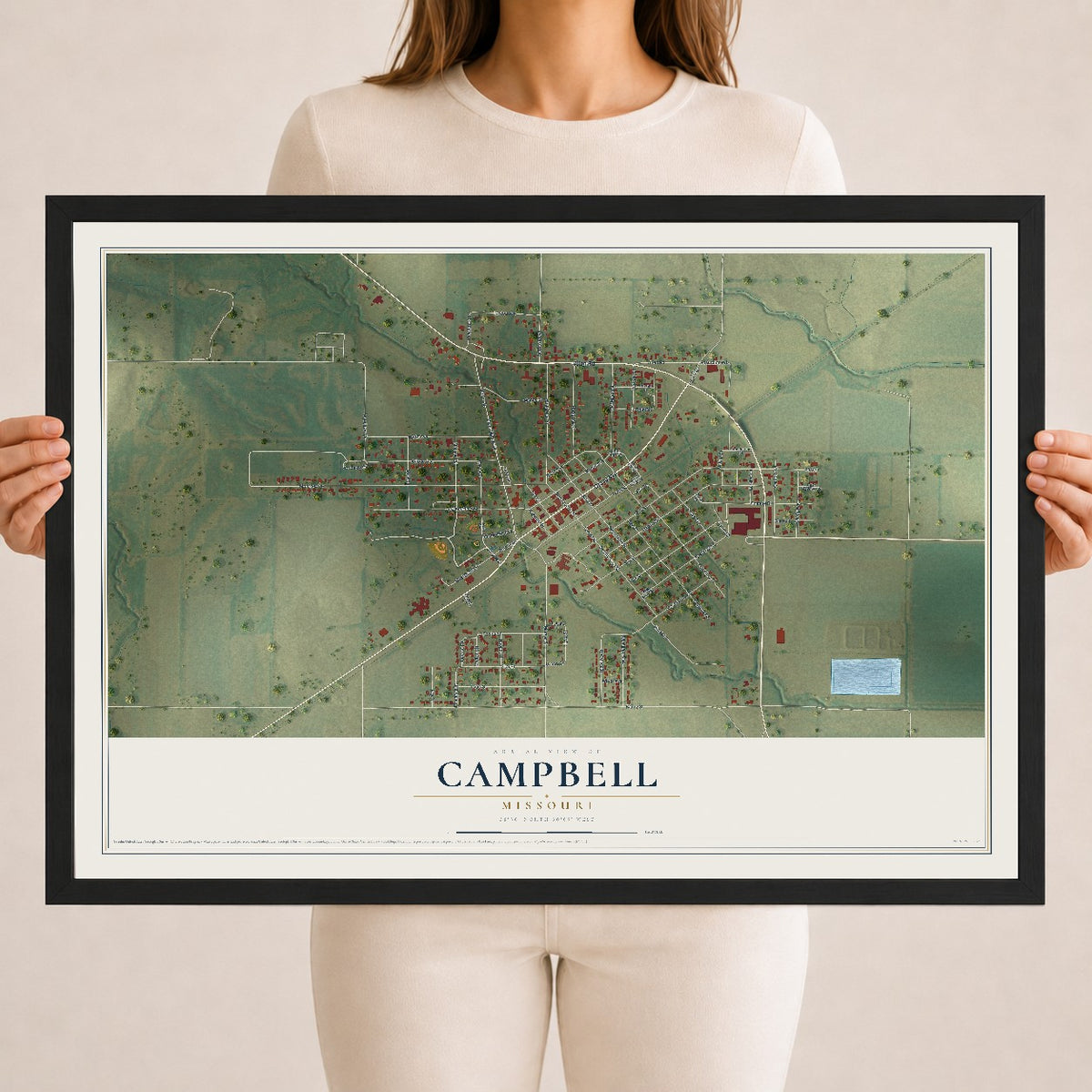Map of Campbell, Missouri, 18 x 24 inch print in a black wood frame