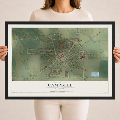 Map of Campbell, Missouri, 18 x 24 inch print in a black wood frame