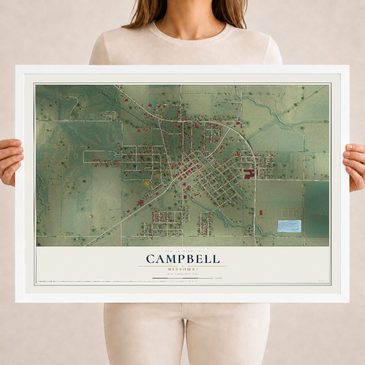 Map of Campbell, Missouri, 18 x 24 inch print in a white wood frame