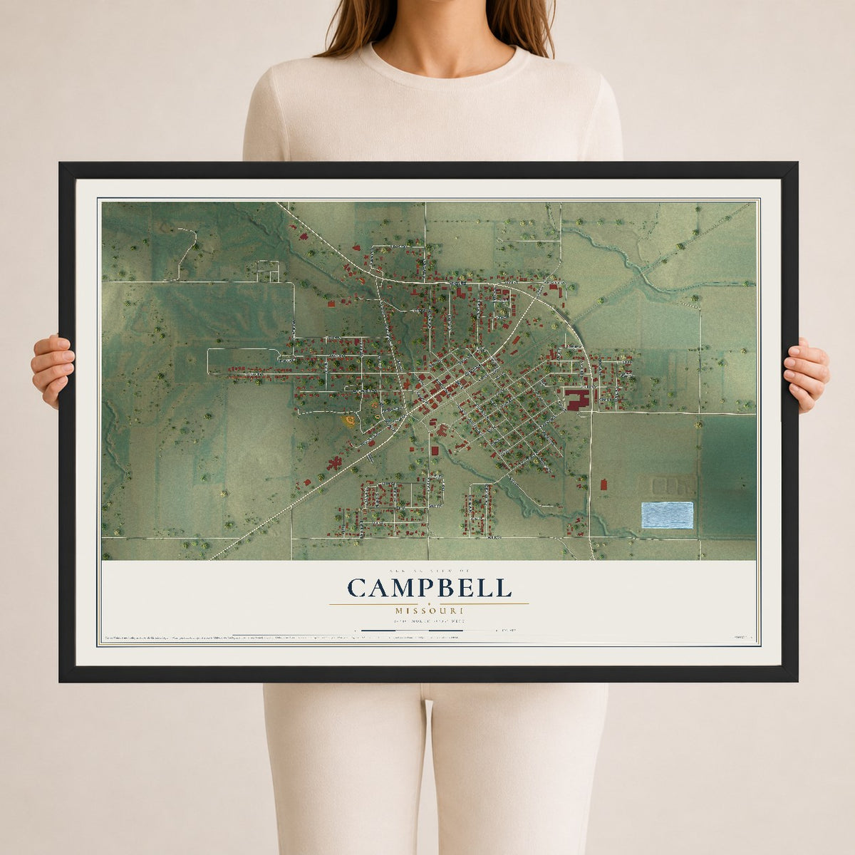 Map of Campbell, Missouri, 24 x 36 inch print in a black wood frame