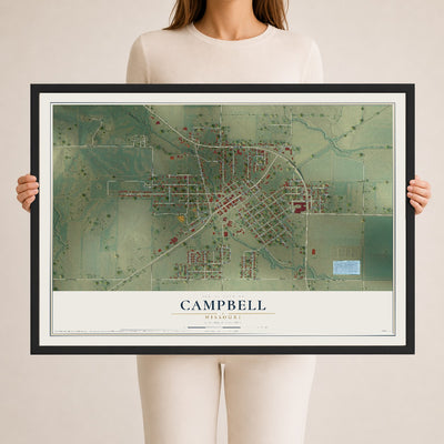 Map of Campbell, Missouri, 24 x 36 inch print in a black wood frame