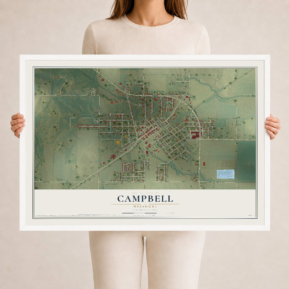Map of Campbell, Missouri, 24 x 36 inch print in a white wood frame