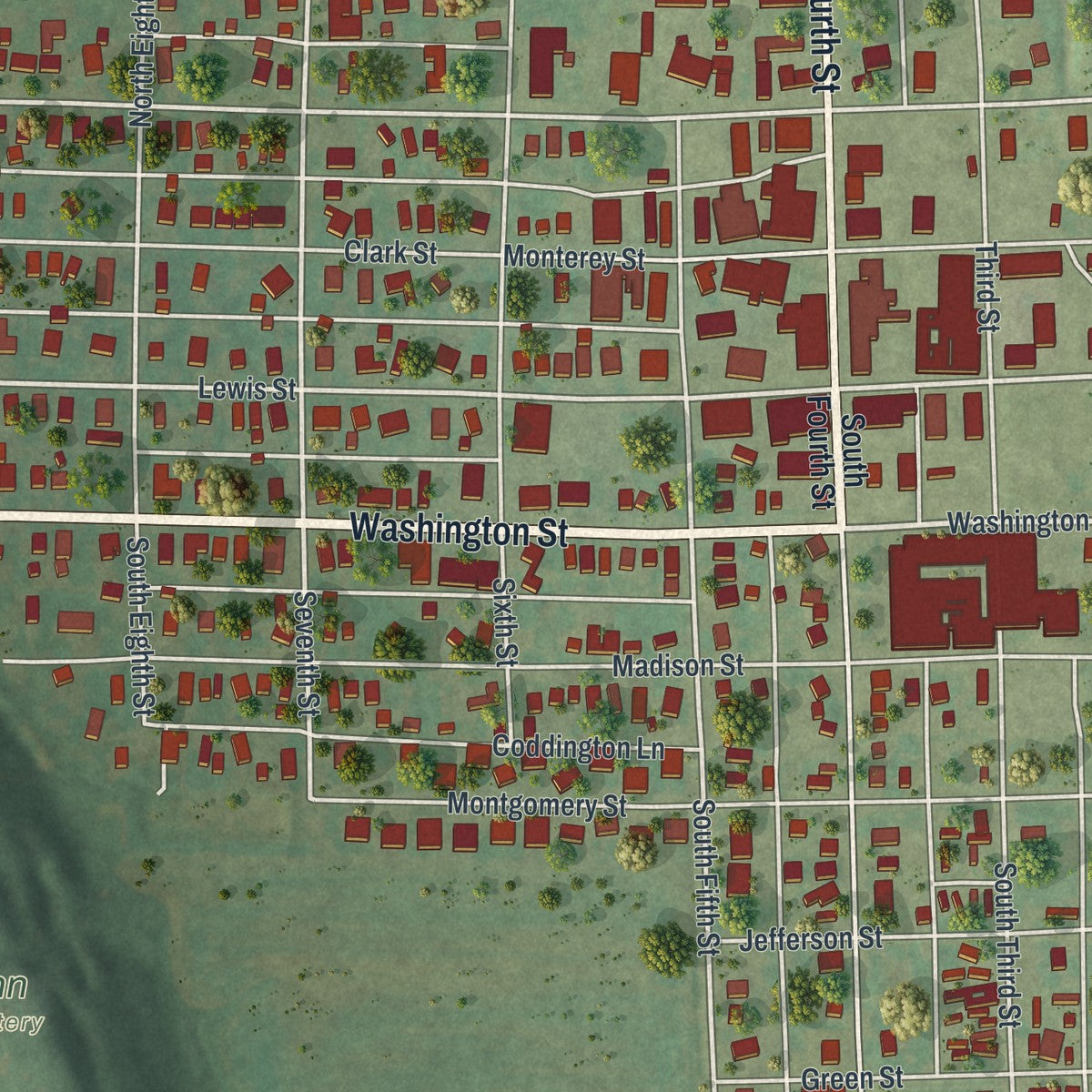 Close-up of the map of Canton, Missouri print showing street and building detail