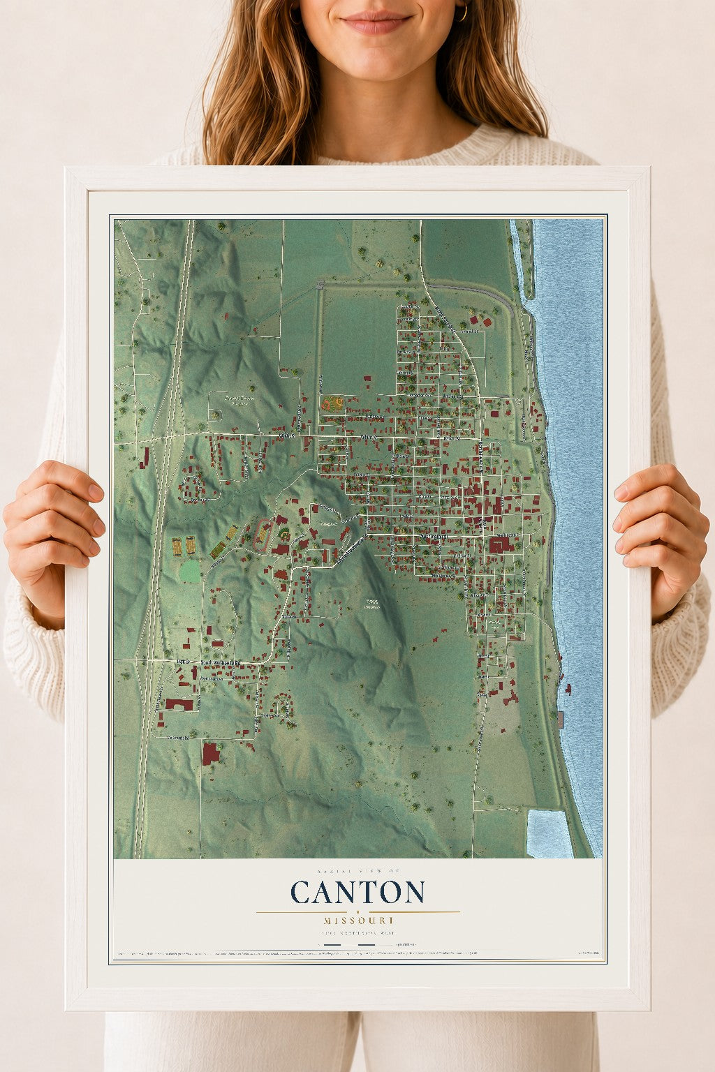 Map of Canton, Missouri, 18 x 24 inch print in a white wood frame