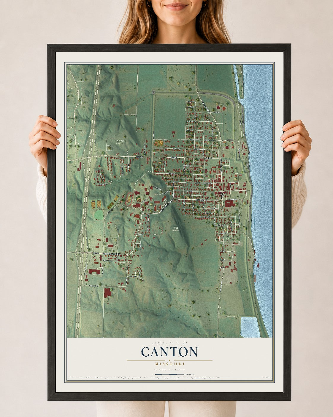 Map of Canton, Missouri, 24 x 36 inch print in a black wood frame