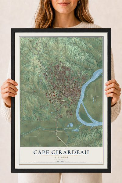 Map of Cape Girardeau, Missouri, 18 x 24 inch print in a black wood frame