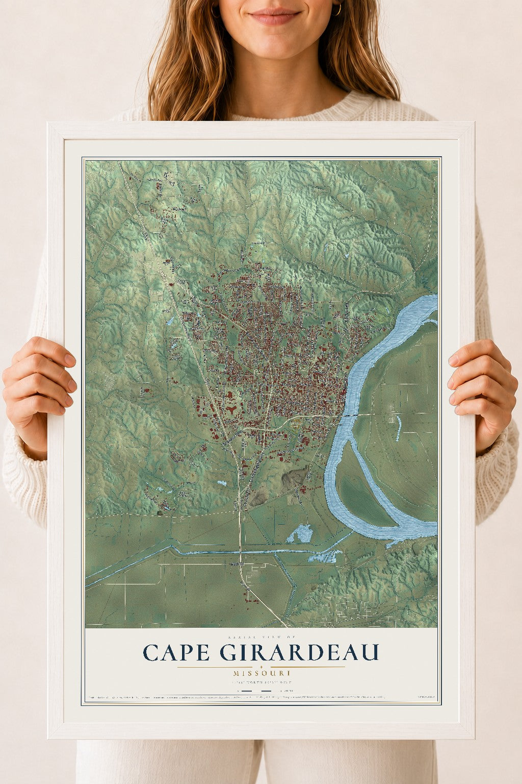 Map of Cape Girardeau, Missouri, 18 x 24 inch print in a white wood frame
