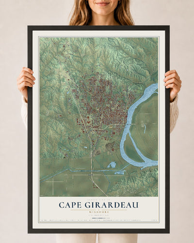 Map of Cape Girardeau, Missouri, 24 x 36 inch print in a black wood frame