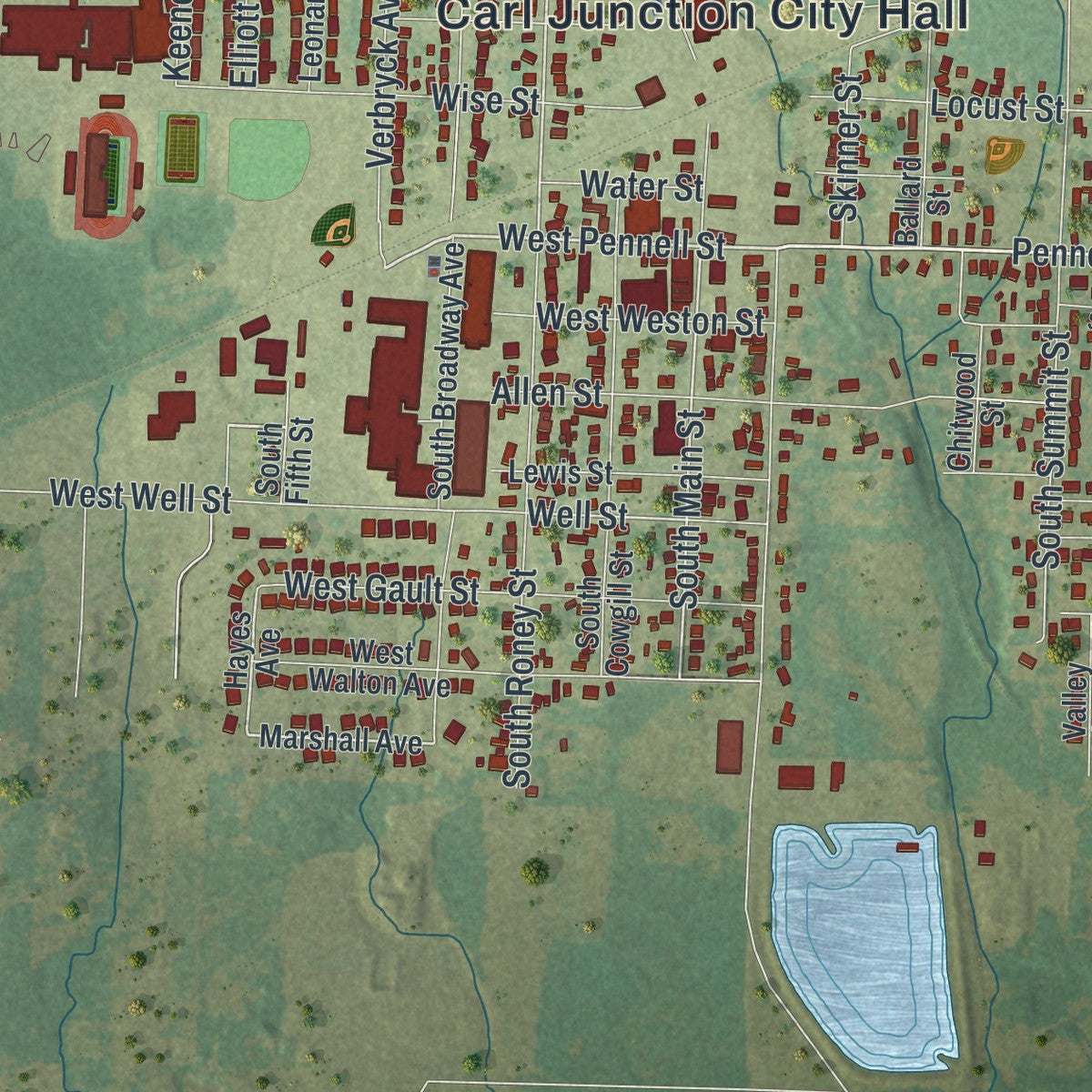 Second close-up of the map of Carl Junction, Missouri print showing more streets and buildings