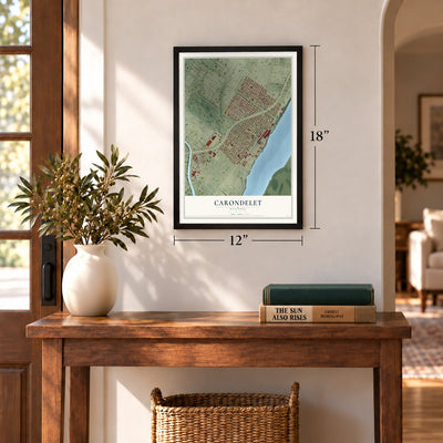 Carondelet, Missouri map, 12 x 18 inch print in a black frame in an entryway