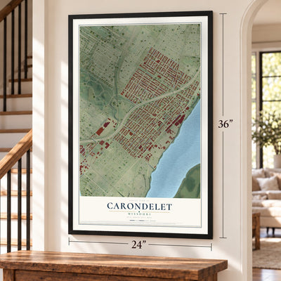 Carondelet, Missouri map, 24 x 36 inch print in a black frame by a staircase