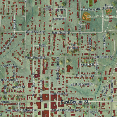 Close-up of the map of Carrollton, Missouri print showing street and building detail