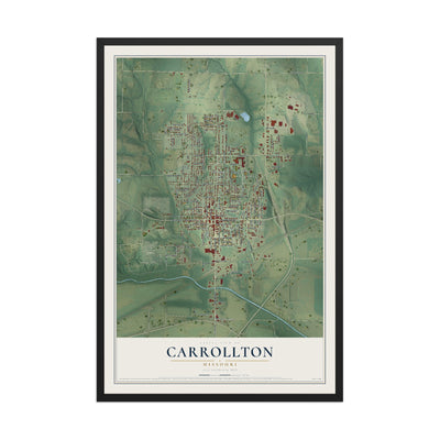 Map of Carrollton, Missouri, 12 x 18 inch print in a black wood frame