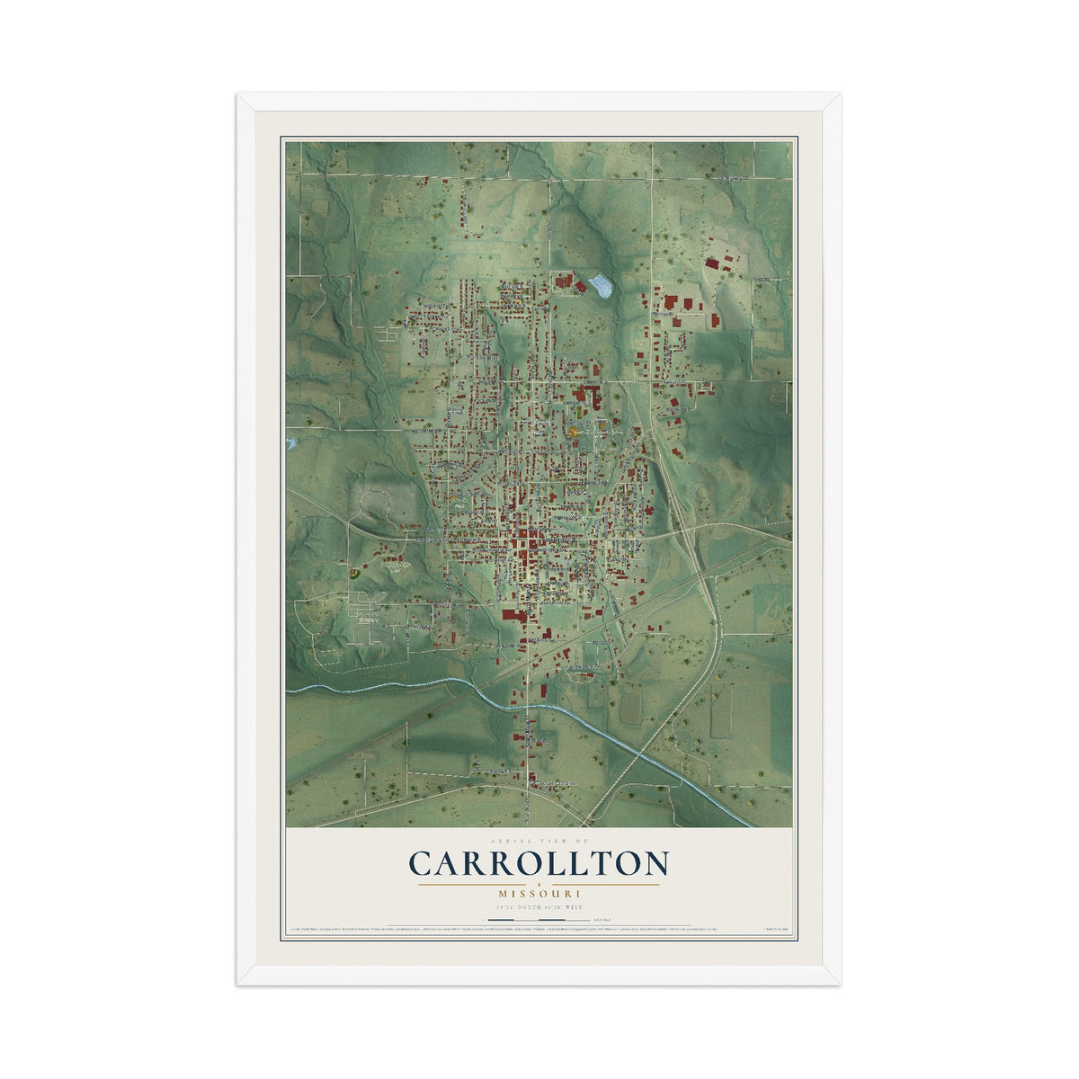 Map of Carrollton, Missouri, 12 x 18 inch print in a white wood frame