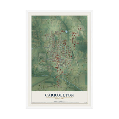 Map of Carrollton, Missouri, 12 x 18 inch print in a white wood frame