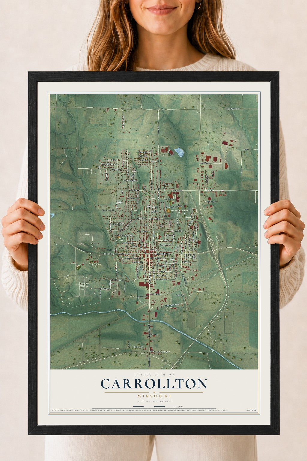 Map of Carrollton, Missouri, 18 x 24 inch print in a black wood frame