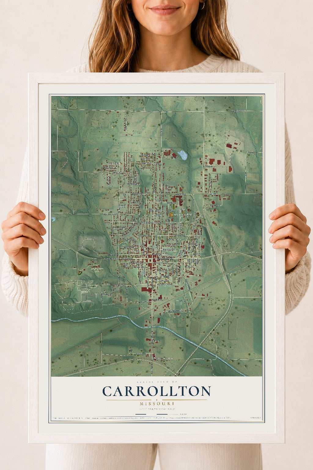 Map of Carrollton, Missouri, 18 x 24 inch print in a white wood frame