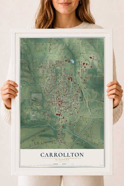 Map of Carrollton, Missouri, 18 x 24 inch print in a white wood frame