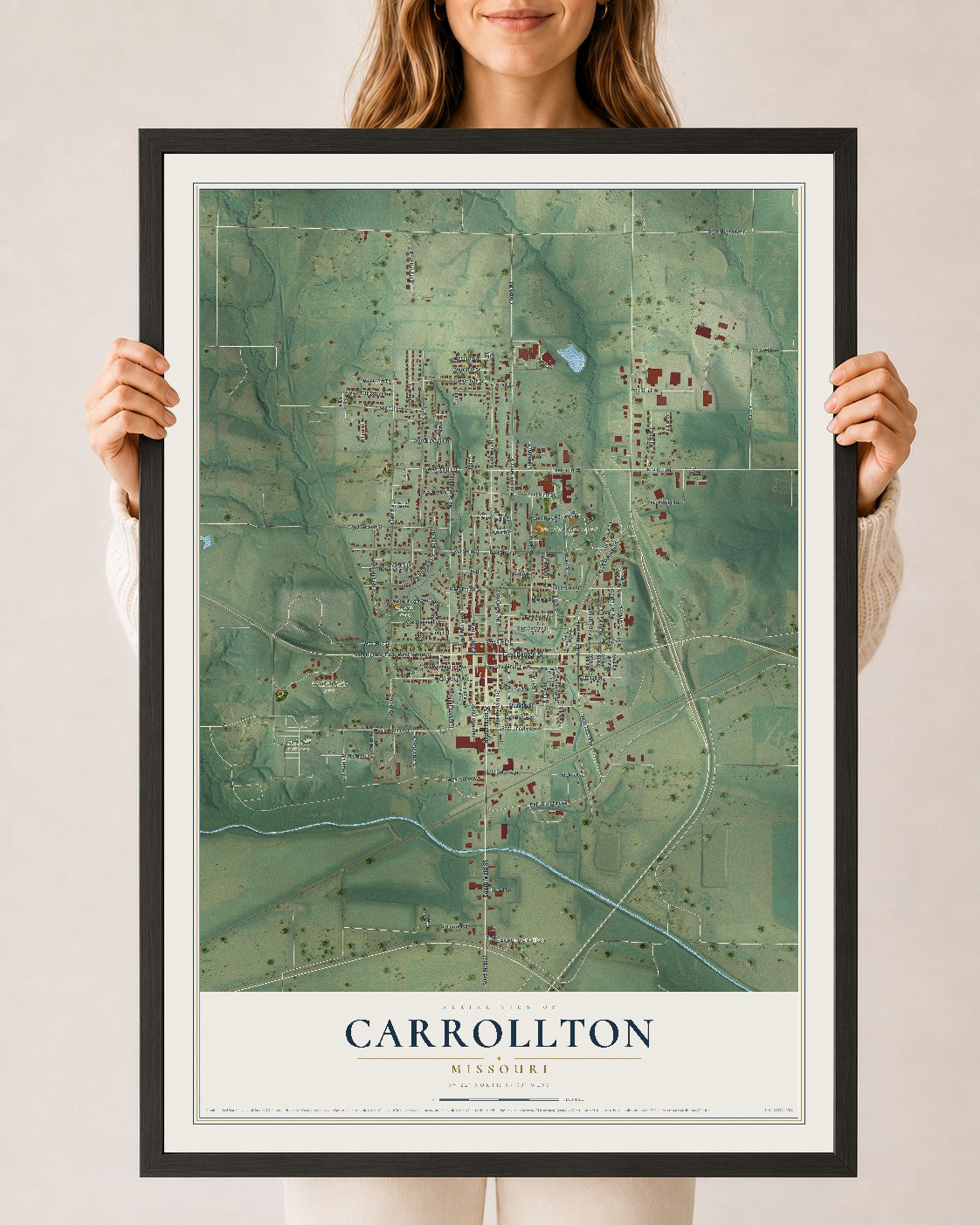 Map of Carrollton, Missouri, 24 x 36 inch print in a black wood frame