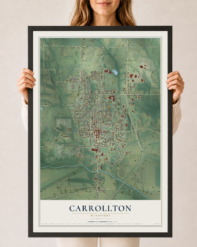 Map of Carrollton, Missouri, 24 x 36 inch print in a black wood frame