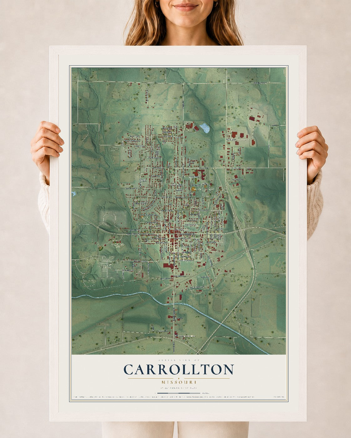 Map of Carrollton, Missouri, 24 x 36 inch print in a white wood frame