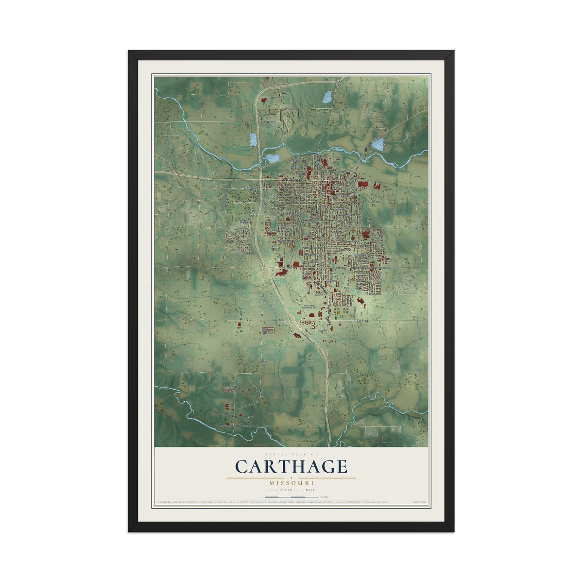 Map of Carthage, Missouri, 12 x 18 inch print in a black wood frame